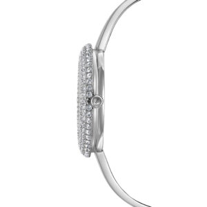 Profile view of Swarovski Crystal Sparkling watch showing micro-pave bezel and bracelet
