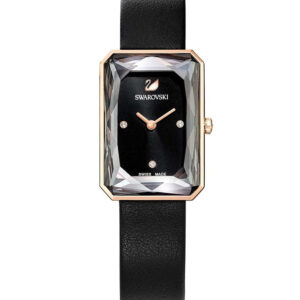 Swarovski Uptown rectangular watch with black dial, rose-gold case, and black leather strap