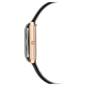 Swarovski Uptown watch side profile with rose-gold-tone case and black leather strap