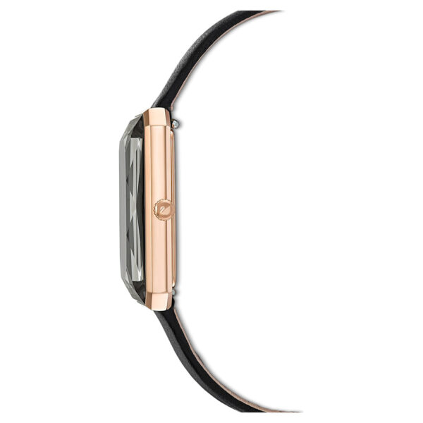 Swarovski Uptown watch side profile with rose-gold-tone case and black leather strap
