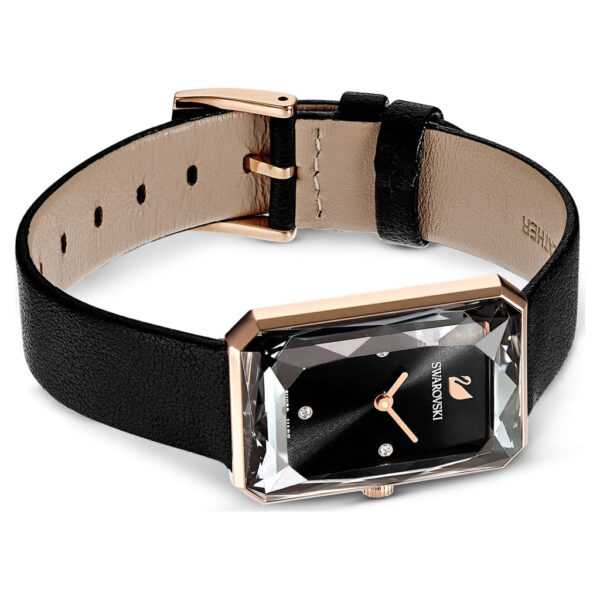 Swarovski Uptown watch showing black leather strap and rose-gold buckle detail