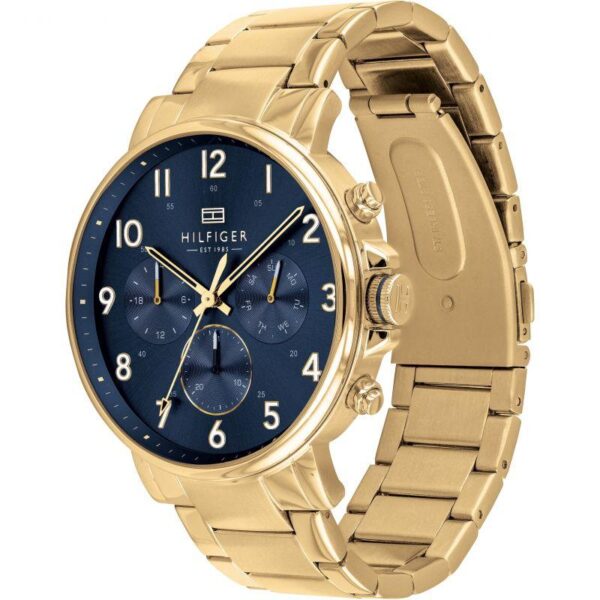 Gold steel chronograph watch with navy blue dial shown at angle