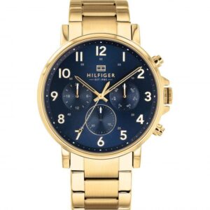 Tommy Hilfiger gold chronograph watch with navy dial and arabic numerals