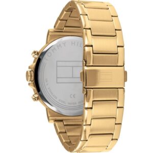 Gold steel watch bracelet and side profile of chronograph watch case