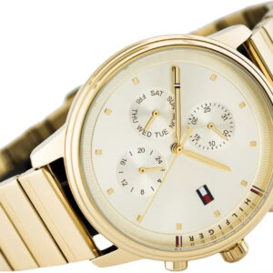 Tommy Hilfiger 1781905 gold ladies watch at angle showing dial, strap, and chronograph subdials