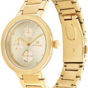 Tommy Hilfiger gold bracelet watch shown from angled side view