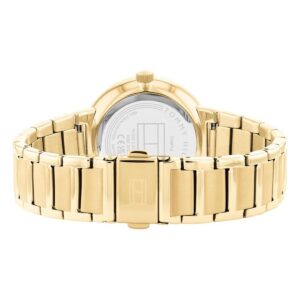 Tommy Hilfiger watch case back showing gold stainless steel bracelet