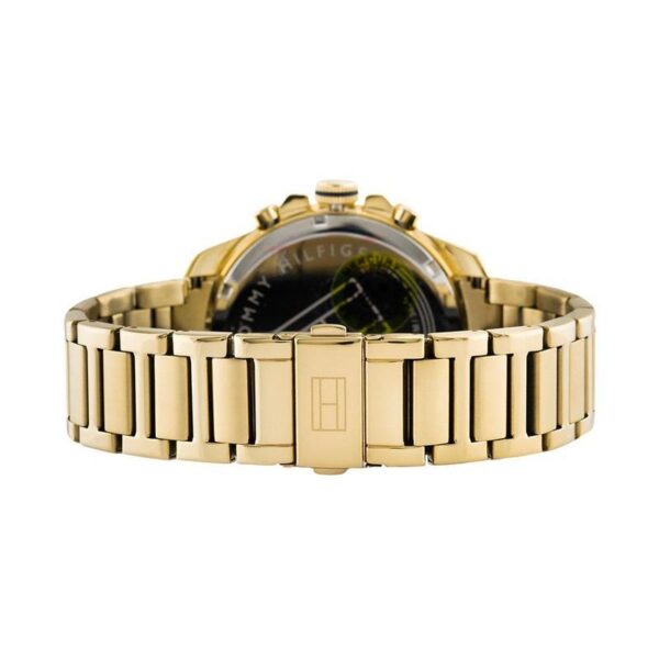 Tommy Hilfiger gold steel watch back view showing gold steel bracelet with fold-over clasp