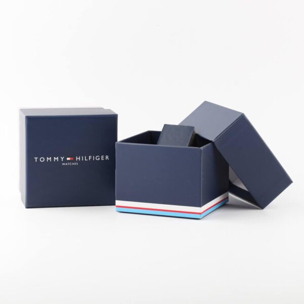 Tommy Hilfiger watch in navy packaging box with striped accent