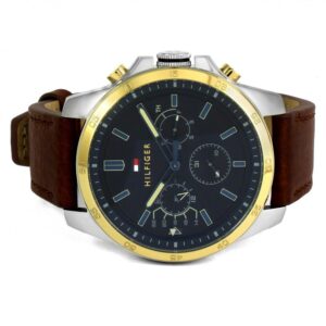 Side view of Tommy Hilfiger Decker watch displaying full case profile and brown strap
