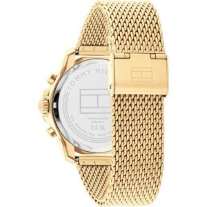 Caseback of Tommy Hilfiger gold chronograph watch with specifications and branding