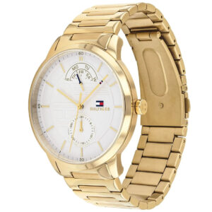 Tommy Hilfiger Hunter watch three-quarter view showing gold-tone stainless steel case and link bracelet