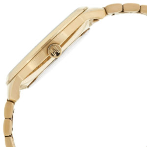 Close-up side view of Tommy Hilfiger Hunter watch case and gold-tone bracelet with crown
