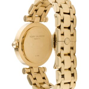 Tory Burch Classic T watch angle view showing gold case back and integrated bracelet