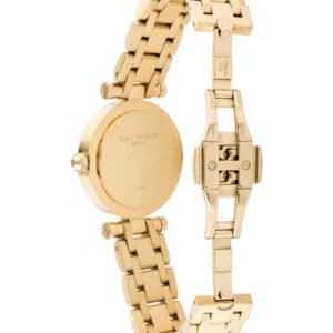 Tory Burch Classic T watch case back with engraved branding and gold metal construction