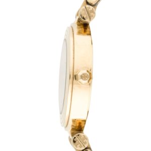 Side profile of Tory Burch Classic T watch showing case thickness and bracelet curvature
