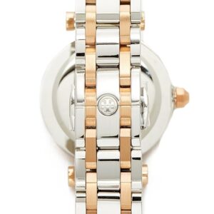 Back view of Tory Burch Classic T watch displaying case back and two-tone stainless steel bracelet