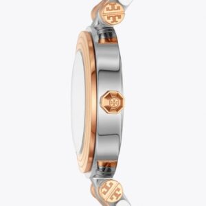 Side view of two-tone Tory Burch Classic T watch showing rose gold case bezel and silver stainless steel band