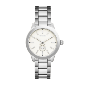 Tory Burch Collins silver stainless steel watch with white dial and link bracelet