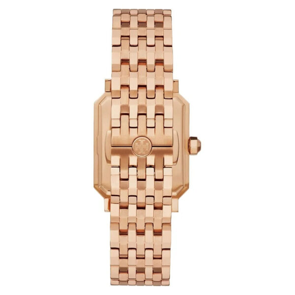 Side view of Tory Burch Robinson rose gold watch displaying rectangular case and link bracelet