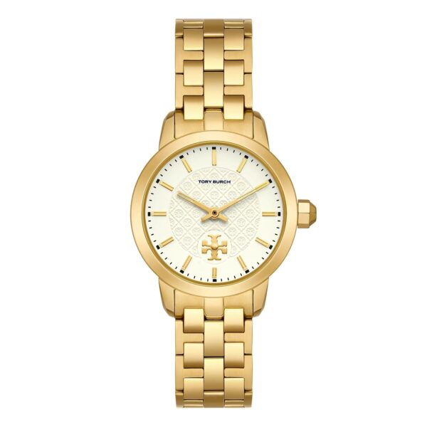 Tory Burch TBW1053 gold watch with beige pattern dial and gold stainless steel bracelet