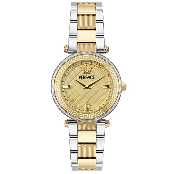 Versace Reve gold dial women's watch with two-tone steel strap and Roman numerals