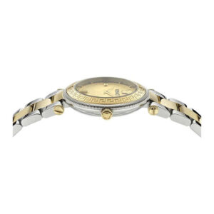 Versace Reve watch side view showing textured gold dial and textured two-tone steel strap
