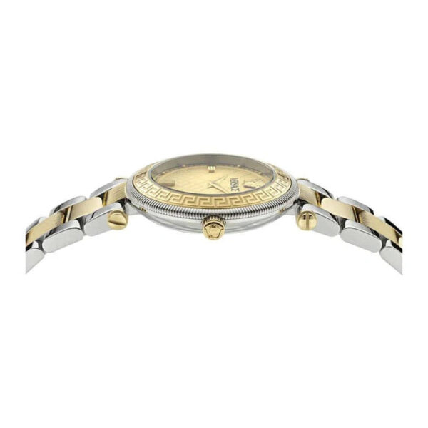 Versace Reve watch side view showing textured gold dial and textured two-tone steel strap