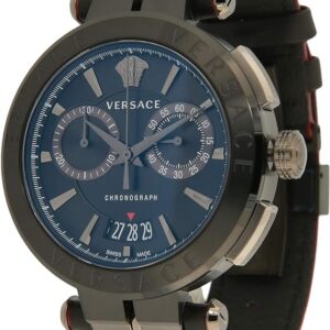 Versace Aion chronograph watch side angle showing black case, blue dial, and red-lined strap