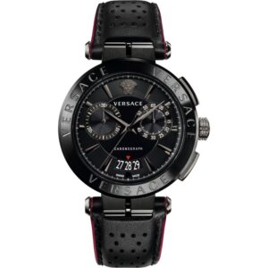 Versace Aion chronograph all-black men's watch with black dial and red-lined leather strap
