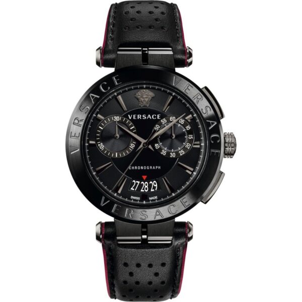Versace Aion chronograph all-black men's watch with black dial and red-lined leather strap