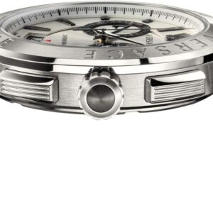 Side view of Versace Aion chronograph watch showing stainless steel case and blue-accented leather strap
