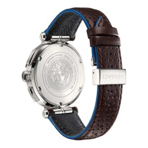 Caseback and side view of Versace Aion watch with Medusa medallion and perforated brown leather strap