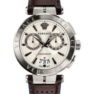 Versace Aion chronograph men's watch with white dial, brown leather strap, and chronograph subdials