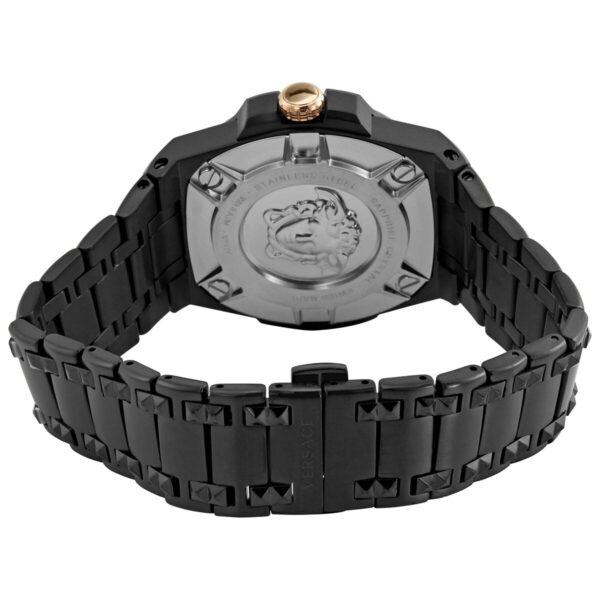 Versace Chain Reaction watch caseback showing Medusa logo and black steel bracelet with folding clasp