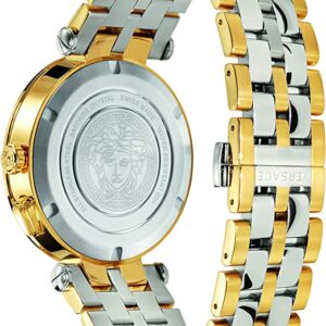 Versace VEBV00519 watch caseback showing Medusa design and two-tone bracelet