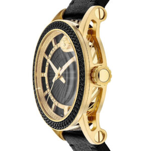 Versace Code watch side view showing gold case and black leather strap