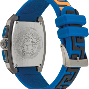 Versace Dominus stainless steel caseback featuring Medusa head relief design and blue rubber strap