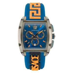 Versace Dominus chronograph watch with blue dial, orange chronograph subdials, stainless steel case, and blue rubber strap with orange pattern