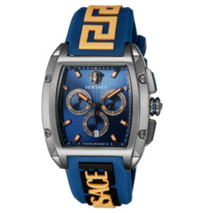Versace Dominus chronograph watch on wrist showing blue dial with orange accents and blue rubber strap