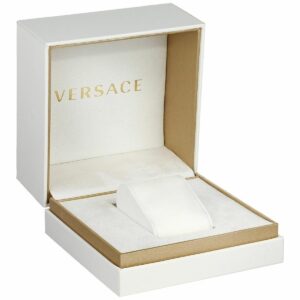 Versace watch box with gold trim and white interior packaging