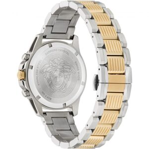 Versace Greca Action watch caseback featuring sapphire crystal and two-tone steel and gold bracelet