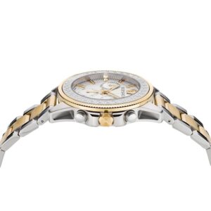 Angled side view of Versace Greca Action two-tone chronograph watch showing case profile and mixed metal bracelet
