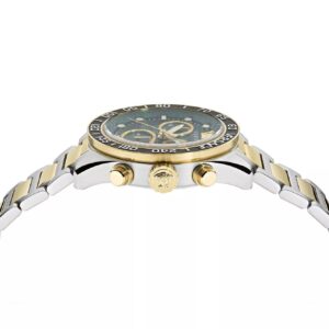 Side profile view of two-tone Versace watch with gold and steel bracelet