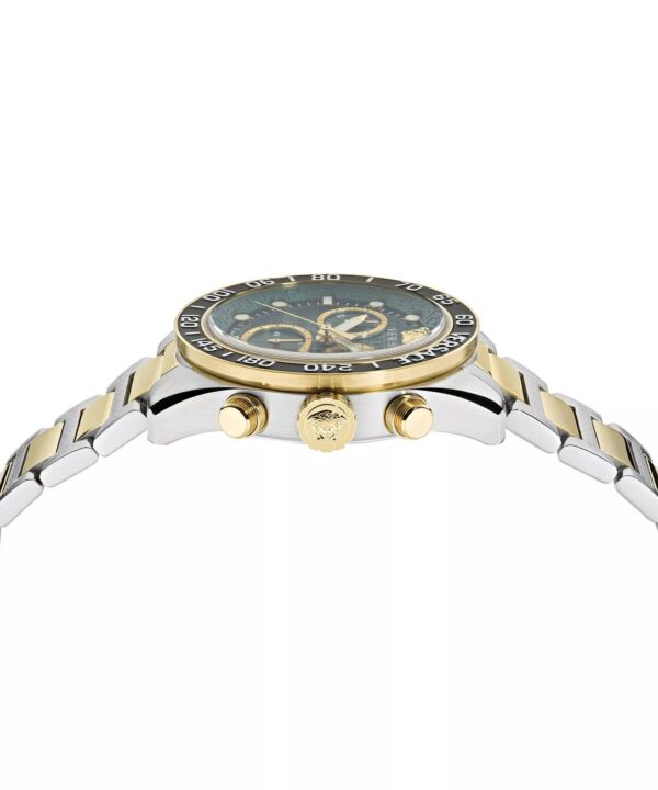 Side profile view of two-tone Versace watch with gold and steel bracelet