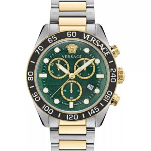 Versace Greca Dome chrono two-tone watch with green dial and gold accents