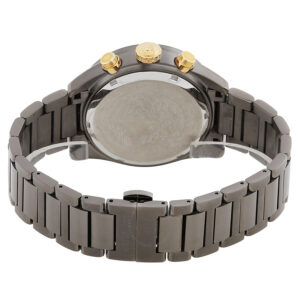 Caseback view of Versace Greca Dome Chronograph showing gunmetal steel case back and three-link steel bracelet