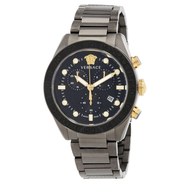 Versace Greca Dome Chronograph watch with black dial, gold Medusa head, gold hour markers, and gold chronograph pushers on gunmetal steel case