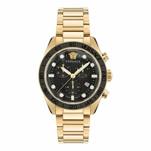 Versace Greca Dome chronograph watch with black dial, gold case, and gold bracelet, front view