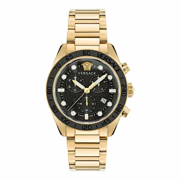 Versace Greca Dome chronograph watch with black dial, gold case, and gold bracelet, front view